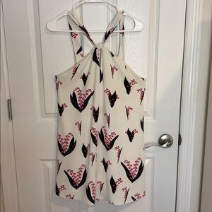 Zara Ivory shorts romper with Black and Red Floral Pattern lined rear half zip